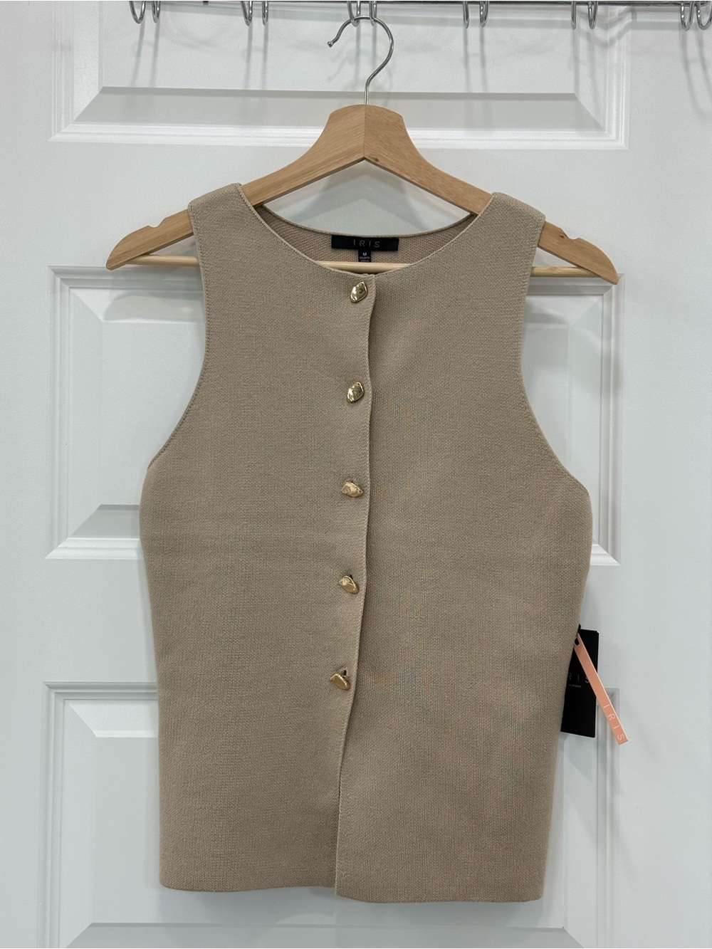 IRIS Sleeveless Beige Knit Shell with Gold Buttons